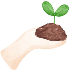 Eco friendly save earth, one hand hold grown plant symbol watercolor painting