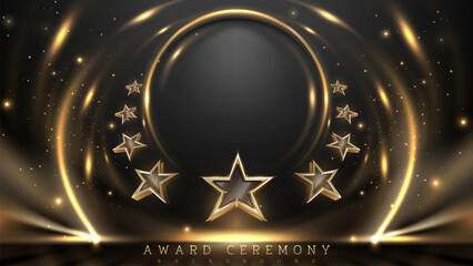 Wall Mural - 3d star around gold circle frame with glitter light effects and bokeh decorations on dark scene. Luxury award ceremony background design concept.