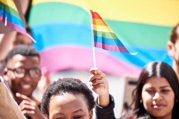 Wall Mural - Pride, lgbtq and flag with people in protest for freedom, support and gay rally. Rainbow, society and community with crowd of protesters marching in city or equality, gender identity and celebration