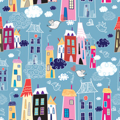 Poster - seamless pattern of houses with birds and clouds in the blue