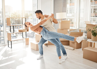 Poster - Celebration, dance and couple with boxes, property and excited with rent apartment, mortgage and home. Cardboard, man and woman dancing, real estate and moving with love, quality time and romance