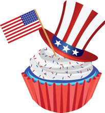 4th Of July Independence Day Red White And Blue Cupcake With USA Flags And Hat Illustration