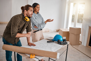 Canvas Print - Teamwork, architecture and couple with blueprint in new home, property or construction site. Document, architects and man and woman with design for engineering, building and planning for real estate.