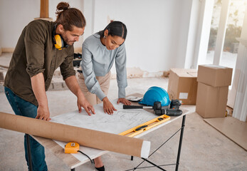 Poster - Teamwork, architect and blueprint for planning at construction site. Collaboration, architecture and man and woman with design drawing for engineering, building plan and reading project strategy.