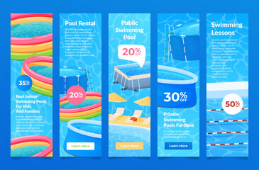 public swimming pool kids families rental sale discount advertising poster landing page set vector