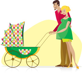 Poster - Happy couple enjoy newborn in the baby stroller