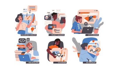 Wall Mural - it specialists set. people programmers work with computers and laptops. smm employees create project