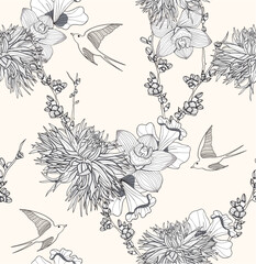 Poster - Seamless floral pattern Seamless pattern with flowers and birds. Elegant and romantic background with swallows.