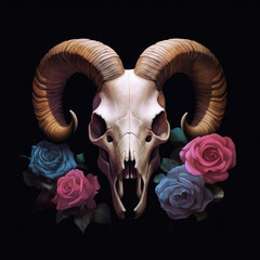 Wall Mural - Skull of a ram and a rose. Digital art style. Generative ai.