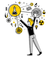 Wall Mural - Scientist working on some science research or invention, discovering theory and making an experiments, vector outline illustration, physics and chemistry.