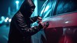 Car thief in mask tries to open car door for stealing transportation at night lighting, anonymous motor vehicle theft use auto theft tools stealing auto transportation, generative AI