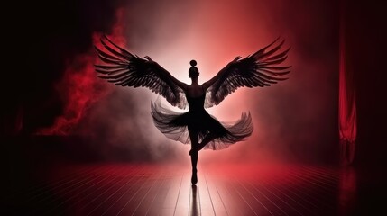 Wall Mural - Female ballet dancer with black swan wings in black feathers tutu dress red smoke dark background, black swan ballet dancing, prima ballerina assoluta dancing on stage of theater, generative AI