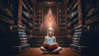 Little girl sitting in lotus pose in library among bookcases and shelves with books, dreamlike love for reading books, little girl bookworm wants to develop an imagination with reading, generative AI