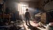 Crying sad boy in dirty cluttered apartment, child from dysfunctional family with child abuse and neglect, abandoned little boy raised in dysfunctional family dressed in untidy clothes, generative AI