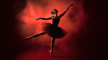 Wall Mural - Female ballet dancer silhouette in red smoke on dark background, prima ballerina assoluta dancing on stage of theater, smooth movements of ballet woman performer in black red tutu dress, generative AI