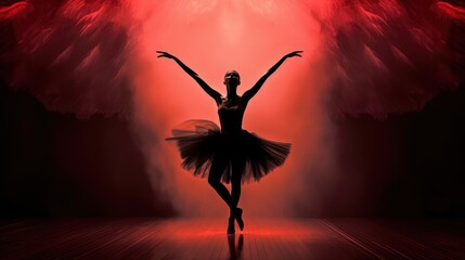 Wall Mural - Female ballet dancer silhouette in red smoke on dark background, prima ballerina assoluta dancing on stage of theater, smooth movements of ballet woman performer in black red tutu dress, generative AI