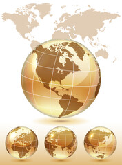 Sticker - Different views of golden glass globe, map included, vector illustration, eps 10, 3 layers