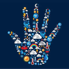 Wall Mural - weather icons set in hand shape over blue background. vector file layered for easy manipulation and 