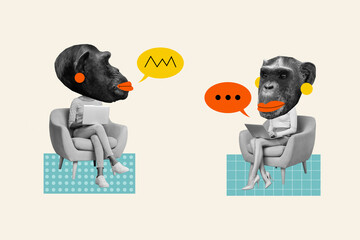 Sticker - Collage pinup sketch of funny funky chimp heads ladies communicating modern devices isolated beige color background