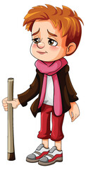 Sticker - Sad boy cartoon character holding walking stick