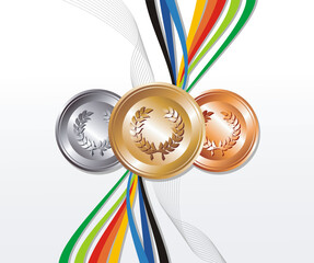 Sport gold, silver and bronze medals with ribbon elements set background. Vector file layered for easy manipulation and customisation.