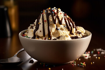 Wall Mural - Bowl of creamy smooth vanilla bean ice cream with drizzle of warm chocolate sauce, sprinkles. AI generated