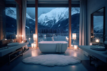 Luxurious, Large And Spacious Bathroom, Snowy Mountains Outside. Generative AI.