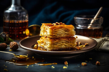 Wall Mural - Plate of sweet baklava with layers of phyllo dough, chopped nuts and drizzled with honey syrup. AI generated