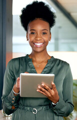 Black woman in business, tablet and smile in portrait, web design and app development with tech. Happy female developer with digital touchscreen, internet and software upgrade at creative startup