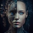 © happy_finch - Close up view of half woman, half robot face is looking at camera - illustration, portrait, split screen. Artificial intelligence, technology, science, cybernetic and futuristic concept, Generative AI