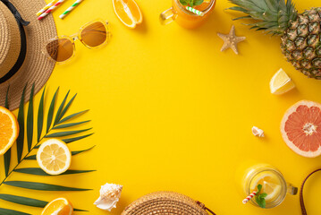 Wall Mural - Indulge in the essence of summer relaxation with this captivating top view flat lay. Sunhat, palm leaves, sunglasses, citrus fruit, bag, and drinks on a vibrant yellow background with empty space