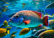 Colorful tropical fish in the blue ocean. Ai generative