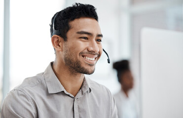 Aufkleber - Businessman, call center and smile with headphones in customer service, support or telemarketing at office. Happy asian man consultant agent smiling for online advice, telesales or help at workplace