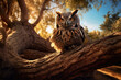 eine Eule sitzt stolz auf einem Ast an einem sonnigen Tag, an owl sits proudly on a tree branch on a sunny day