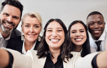 Selfie, teamwork and portrait with business people in office for social media, networking and friends. Collaboration, happy and solidarity with employee for diversity, team building and partnership