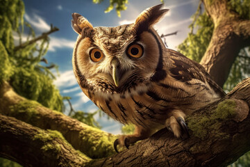 Canvas Print - eine Eule sitzt stolz auf einem Ast an einem sonnigen Tag, an owl sits proudly on a tree branch on a sunny day