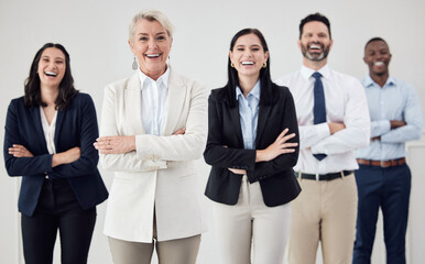 Wall Mural - Portrait, leadership and an arms crossed business woman together with her team in a professional office. Collaboration, teamwork and management with a group of colleagues looking confident at work