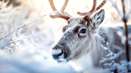 Wall Mural - In an icy expanse, Closeup a reindeer's eyes sparkle; breath misting, fur details vibrant against the stark, snow-kissed terrain. Generative AI