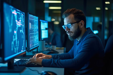 Programmer sitting in front of two large computer monitors with lines of code in a dimly lit office background at evening. Generative AI