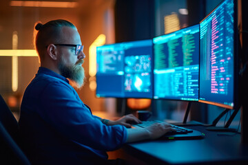 Programmer sitting in front of two large computer monitors with lines of code in a dimly lit office background at evening. Generative AI