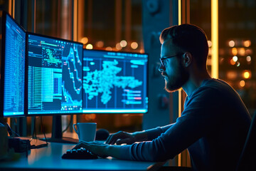 Wall Mural - Programmer sitting in front of two large computer monitors with lines of code in a dimly lit office background at evening. Generative AI