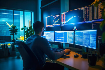 Programmer sitting in front of two large computer monitors with lines of code in a dimly lit office background at evening. Generative AI
