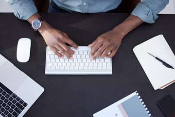 Wall Mural - Typing, keyboard and business person hands above for web article, copywriting and planning newsletter at desk. Working, research and journalist, editor or man on computer for editing digital report