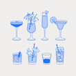 Eight cocktails with garnish. Line art, retro. Vector illustration for bars, cafes, and restaurants.