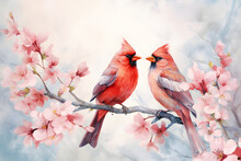 Pair Of Red Birds Northern Cardinals In Spring Nature. Pastel Color Style In Pink Tones - Generative AI