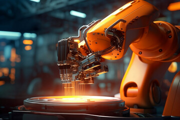 Fototapete - Robotic arm for electronic assembly line. Smart modern factory automation using advanced machines. Generative AI