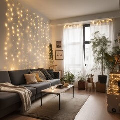 Wall Mural - living room decorated with strings of fairy lights, created using generative ai technology