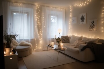 Wall Mural - bedroom decorated with strings of fairy lights, created using generative ai technology