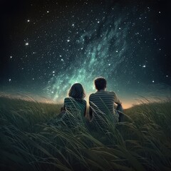 Wall Mural - couple in field star gazing at night sky, created using generative ai technology