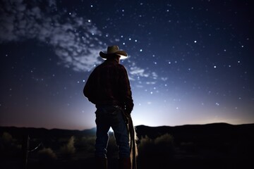 Wall Mural - cowboy star gazing at night sky, created using generative ai technology